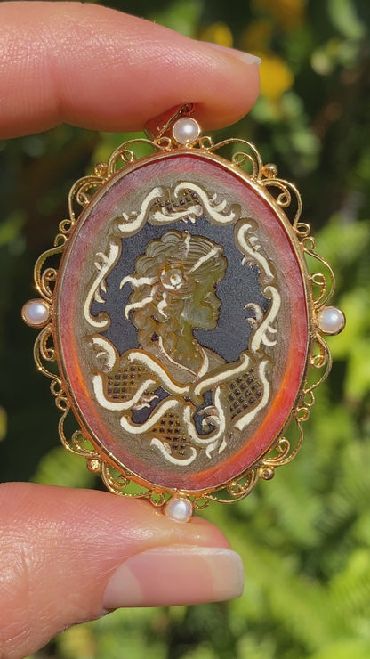 9K gold amber and cultured akoya pearl filigree pendant.