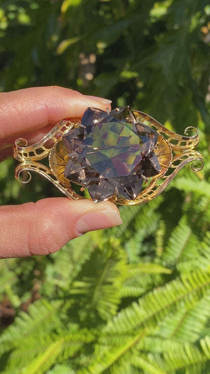 Large 9K gold smoky quartz brooch, circa 1950.