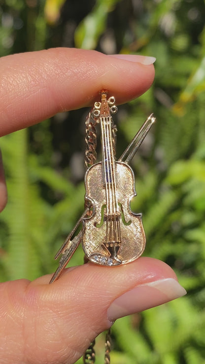 9K gold diamond and sapphire  violin brooch/ pendant, Birmingham, 1991.