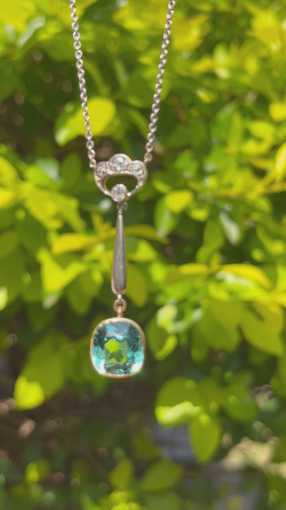 15K gold Edwardian Blue-Green tourmaline and diamond lavaliere necklace, circa 1905.