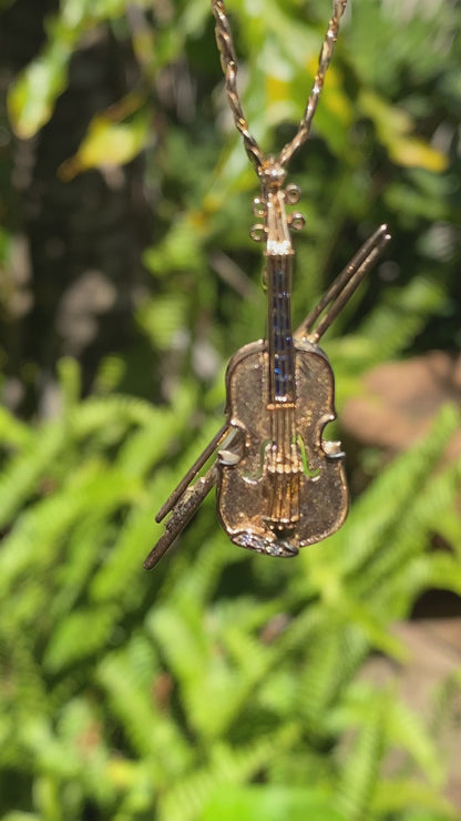 9K gold diamond and sapphire  violin brooch/ pendant, Birmingham, 1991.