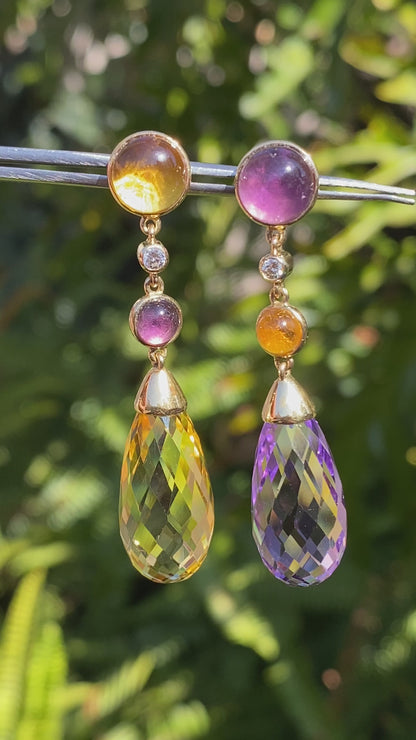 18K gold amethyst, citrine, and diamond drop earrings.