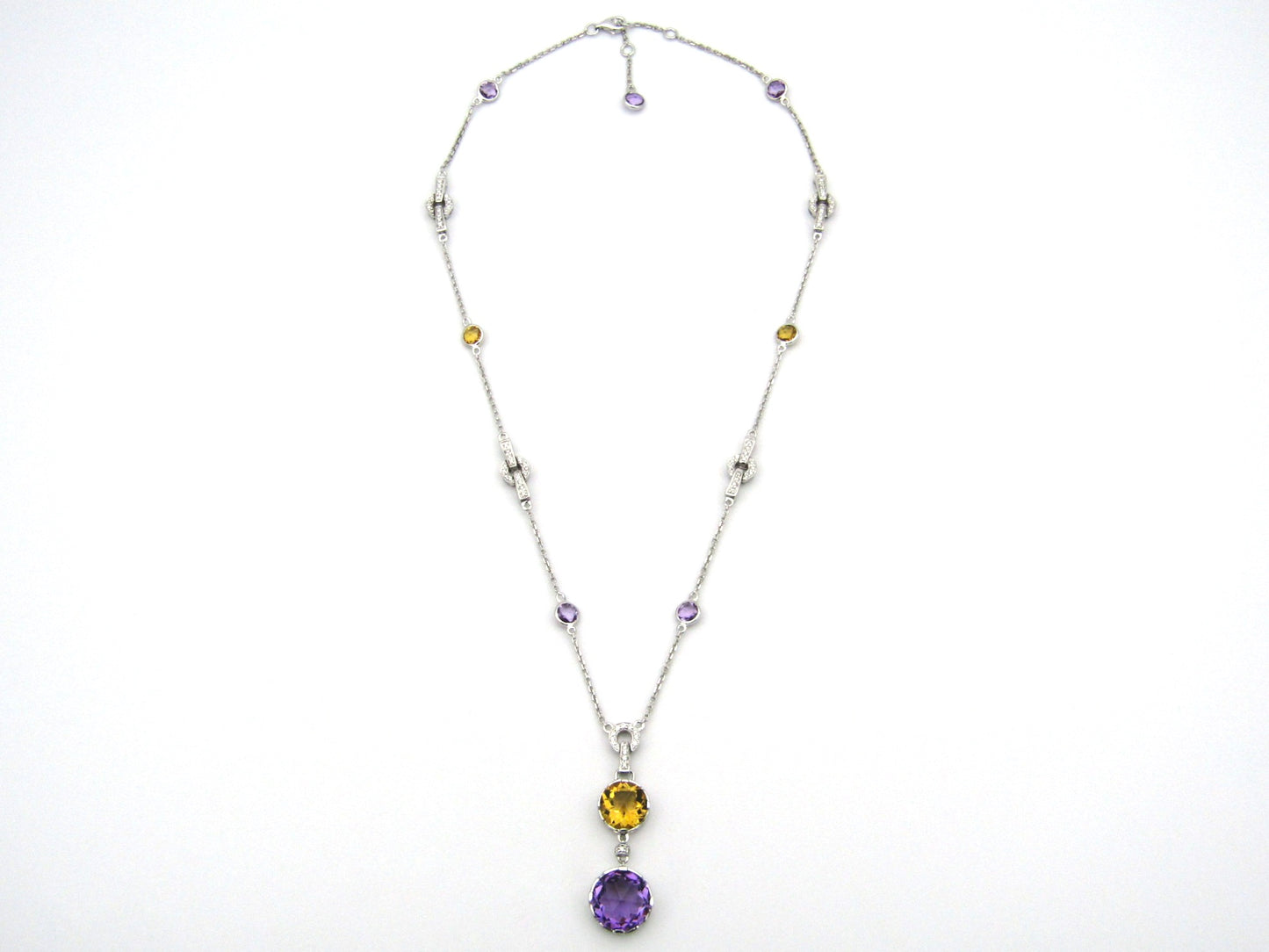 18K gold amethyst, citrine, and diamond necklace.