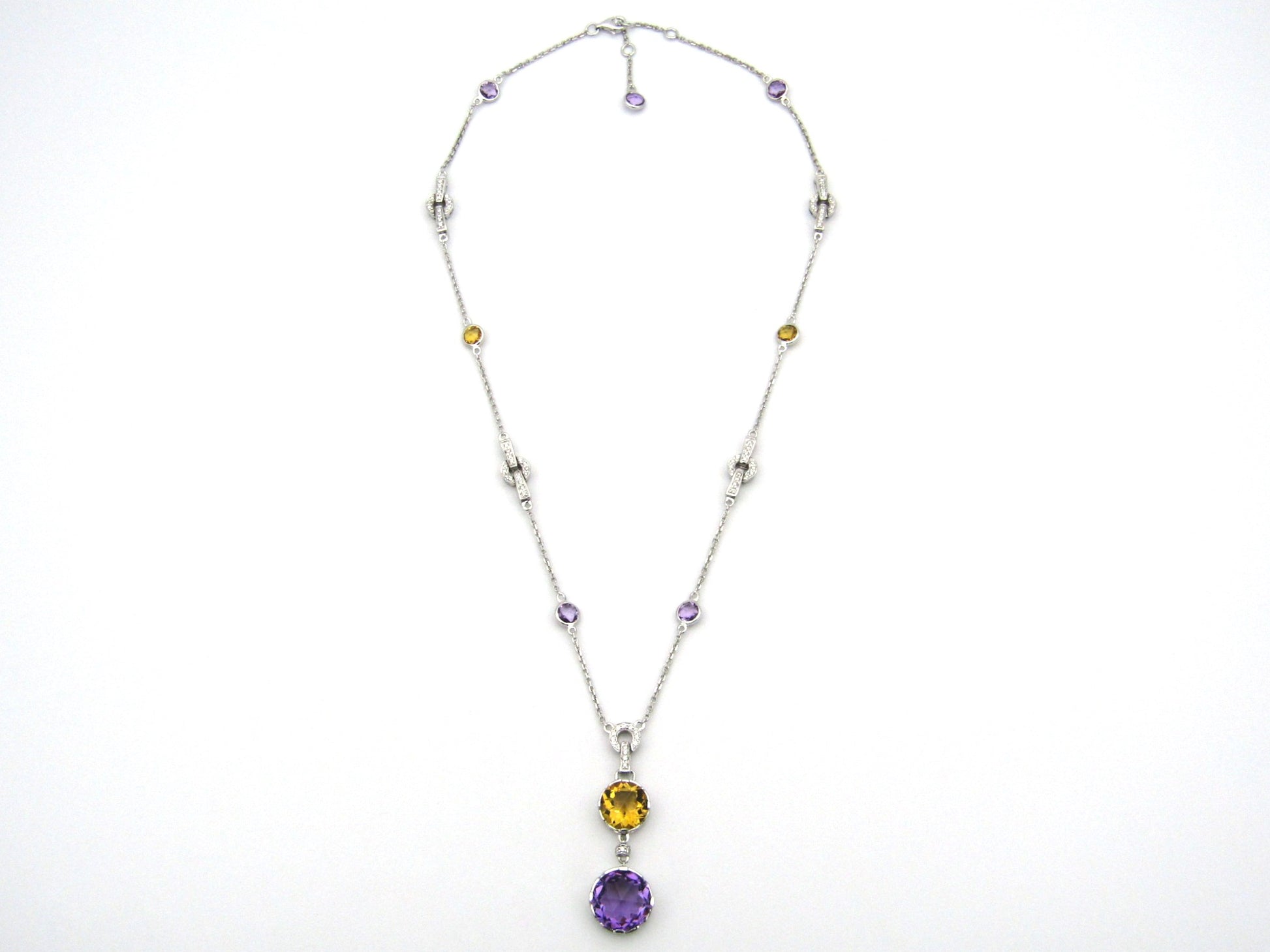 18K gold amethyst, citrine, and diamond necklace.