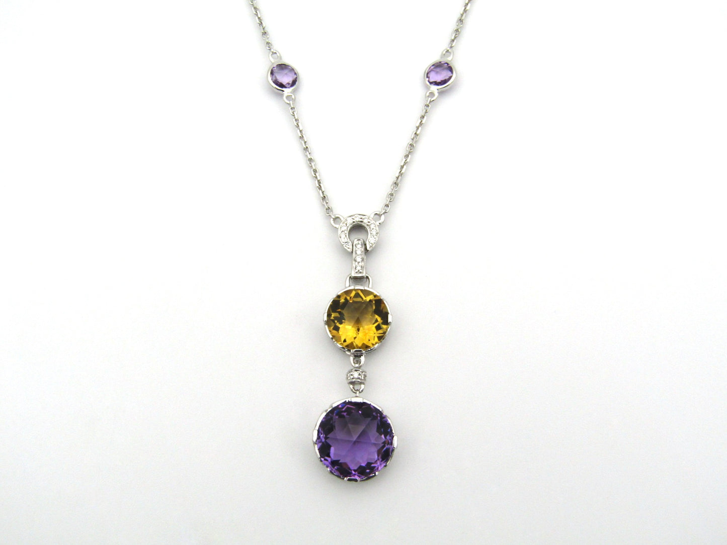18K gold amethyst, citrine, and diamond necklace.