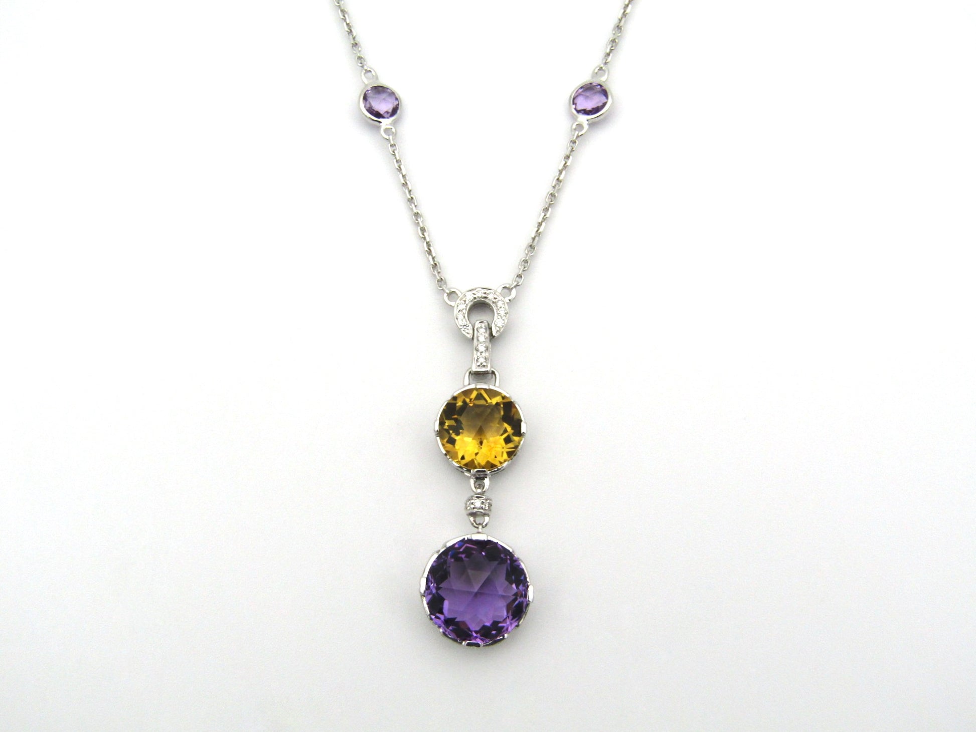 18K gold amethyst, citrine, and diamond necklace.