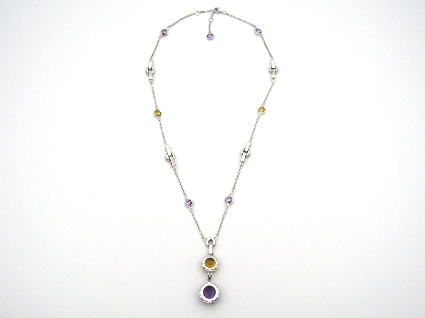 18K gold amethyst, citrine, and diamond necklace.