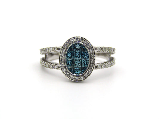 18K gold blue and colourless diamond ring.