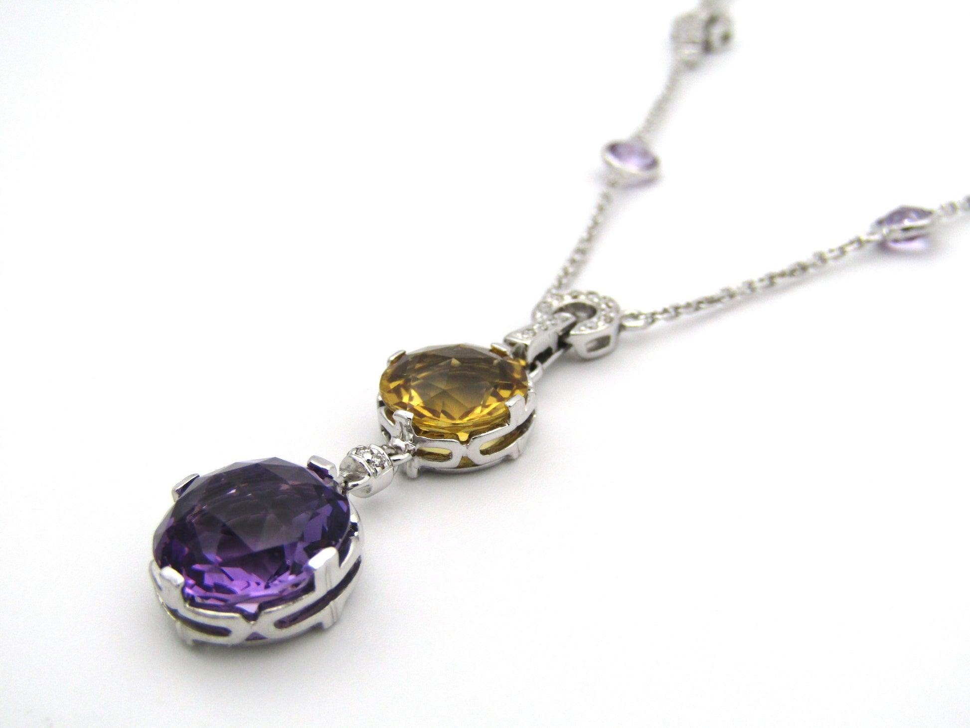 18K gold amethyst, citrine, and diamond necklace.