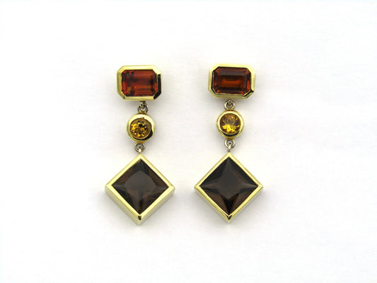 18K gold citrine and smoky quartz earrings.